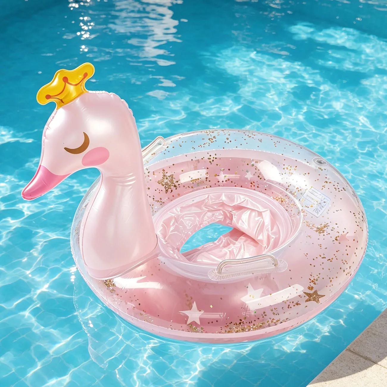 1PC Cute Crown Swan Pool Float Inflatable Glitter Swim Ring Transparent Water Seat Float for Summer Pool Beach