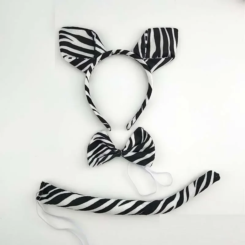 Adults Kids Plush Cartoon Animal Zebra Ear Headband Hairband Tail Bow Birthday Party Gift  Cosplay Costume  Christmas Halloween