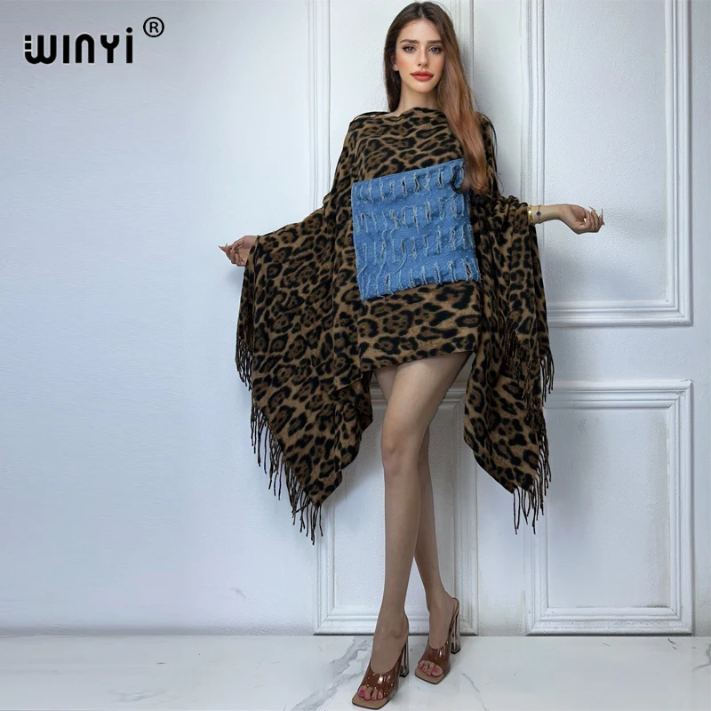 WINYI Ursprung Leopard Winter Denim Patchwork Mode Urlaub Kleid Poncho Top Party Ponchos für Frauen Mantel Maxi Oberbekleidung