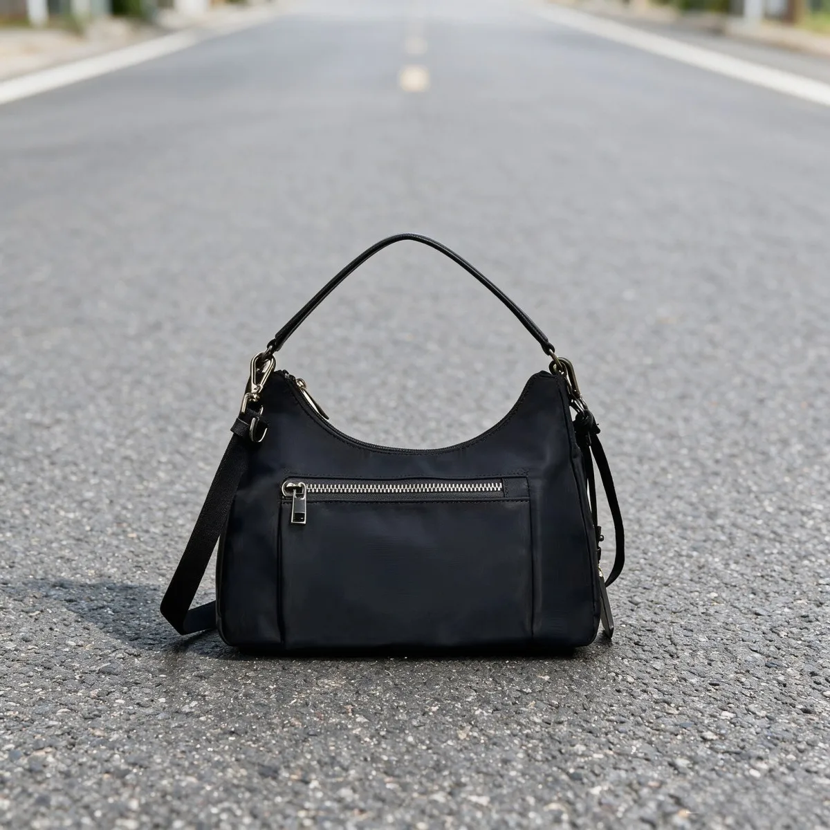 Lightweight Nylon Crescent Crossbody Shoulder Bag For Women, Trendy Curved Design Commute Handbag With Adjustable Strap
