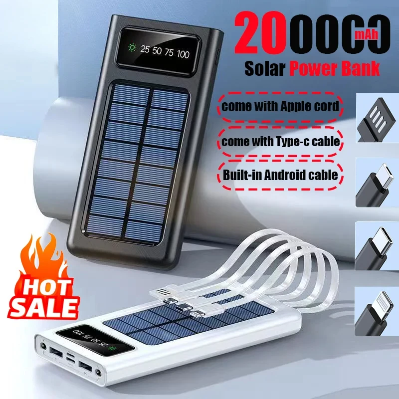 200000 mAh Solar Power Bank Built-in Cables Solar Charger 2 External USB Ports with LED Light Super Fast Charger Powerbank