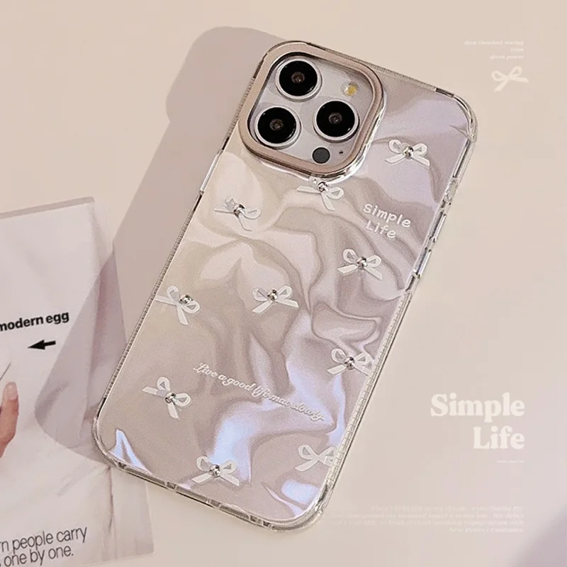 

Korean Style Suitable iPhone 16 iPhone Case 13 3D White Bowknot 14 Pro Max Water Ripple 12 Hard