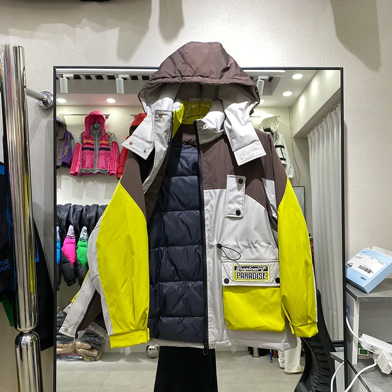 Unisex couple's winter down jacket trendy embroidery letter splicing contrasting color drawstring waist cinching jacket