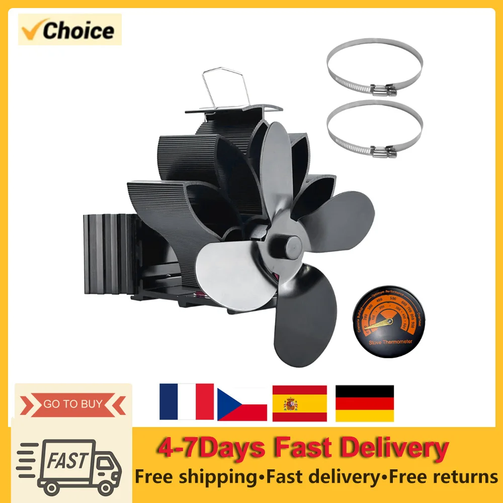 Wood Stove Fan Heat Powered Non-Electric Lotus Shaped Heat Distribution 4-Blade Silent Flue Pipe Hanging Fireplace Fan for Home