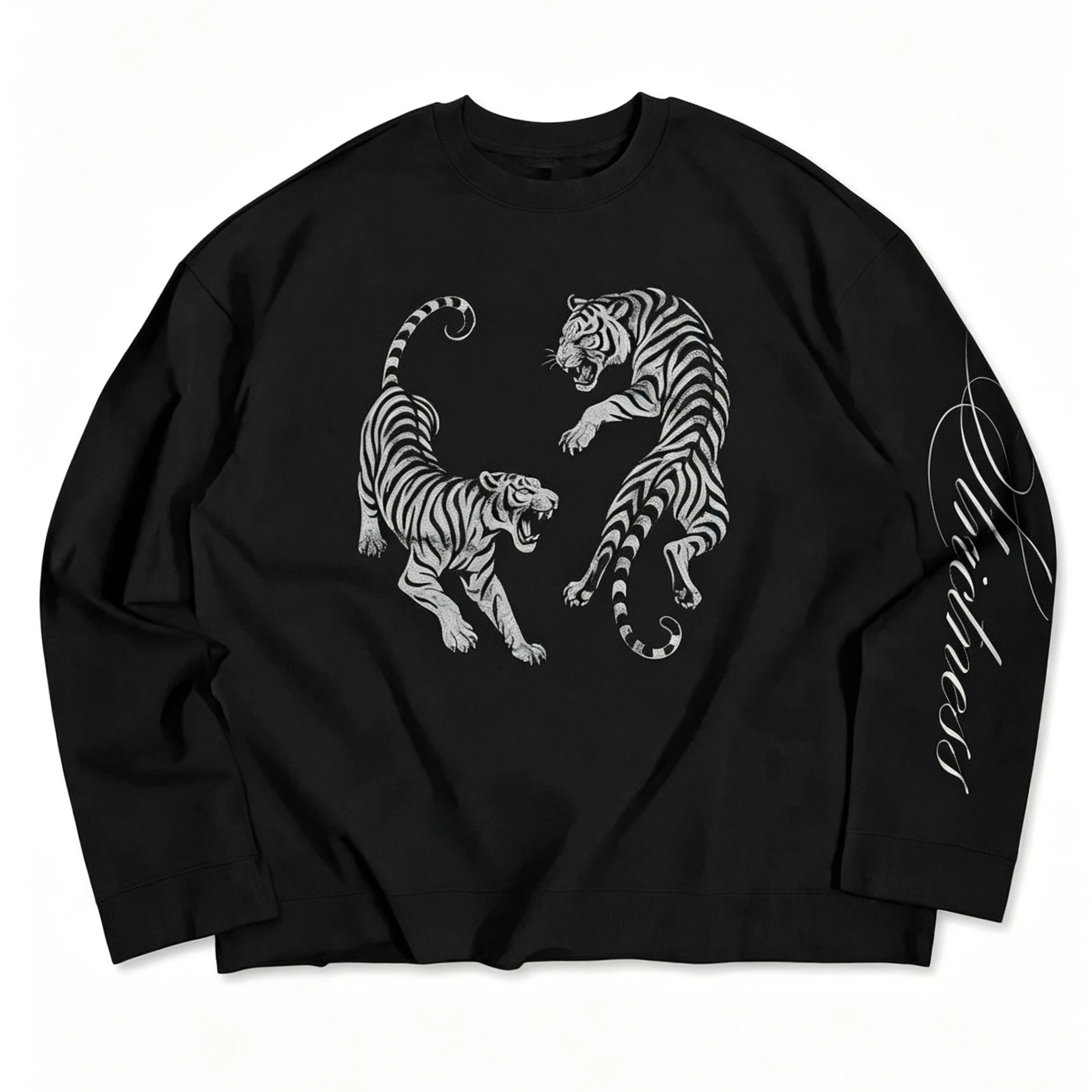 Vintage Streetwear Long Sleeve T‑Shirt Men Women 100% Cotton Crew Neck Tee Dual Tiger Graphic Letter Sleeve Print Loose Casual