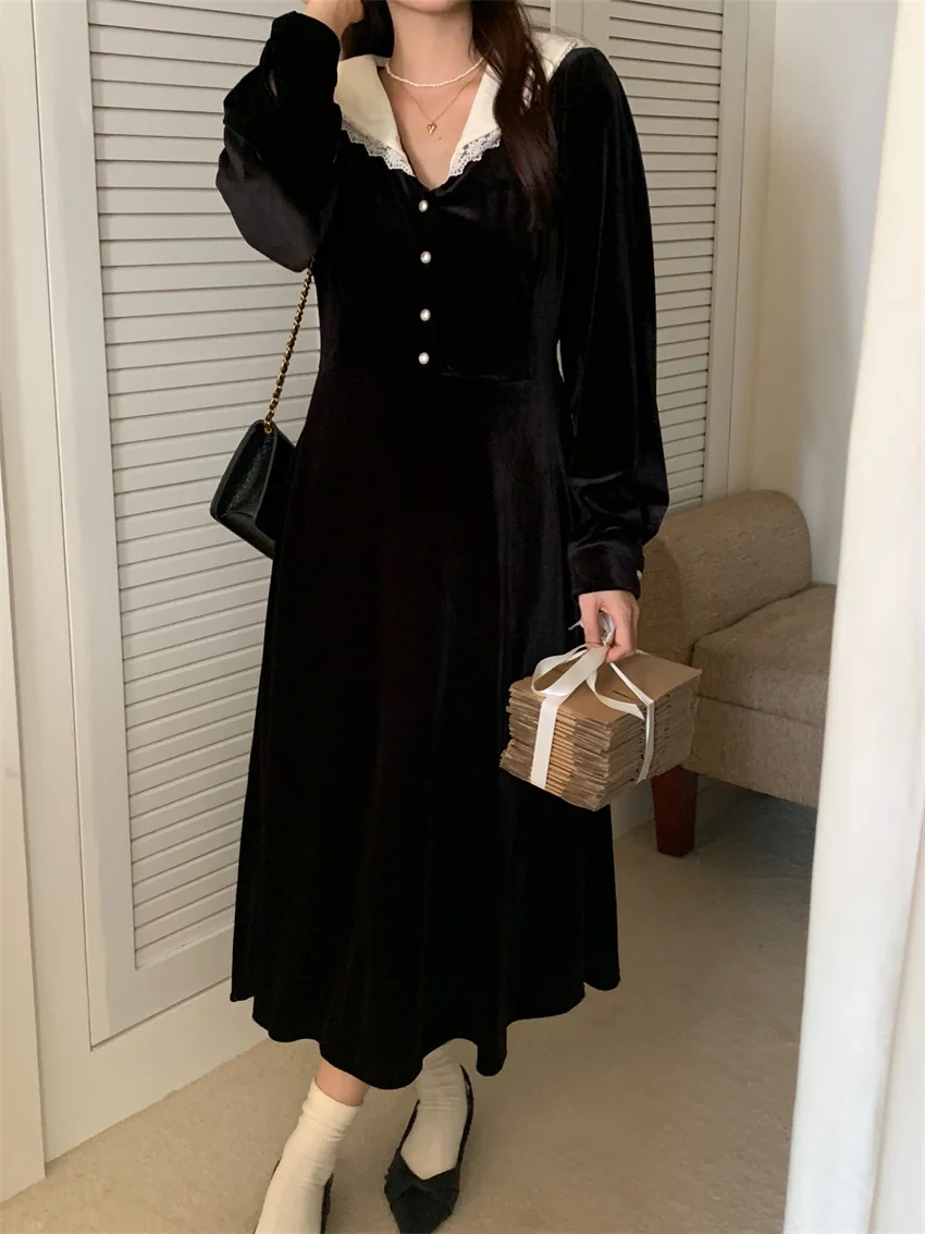 

Alien Kitty Black Velvet Slim Long Dress Women Chic Daily 2024 Spring Elegant New OL High Waist Gentle Daily Office Lady