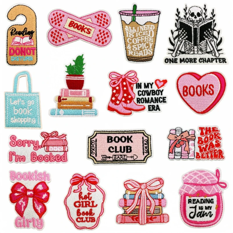 New Pink Book Reading Theme Sew Iron-on Embroidered Patches Badge Applique Decoration for DIY Clothing Bags T-shirt Hat Jeans