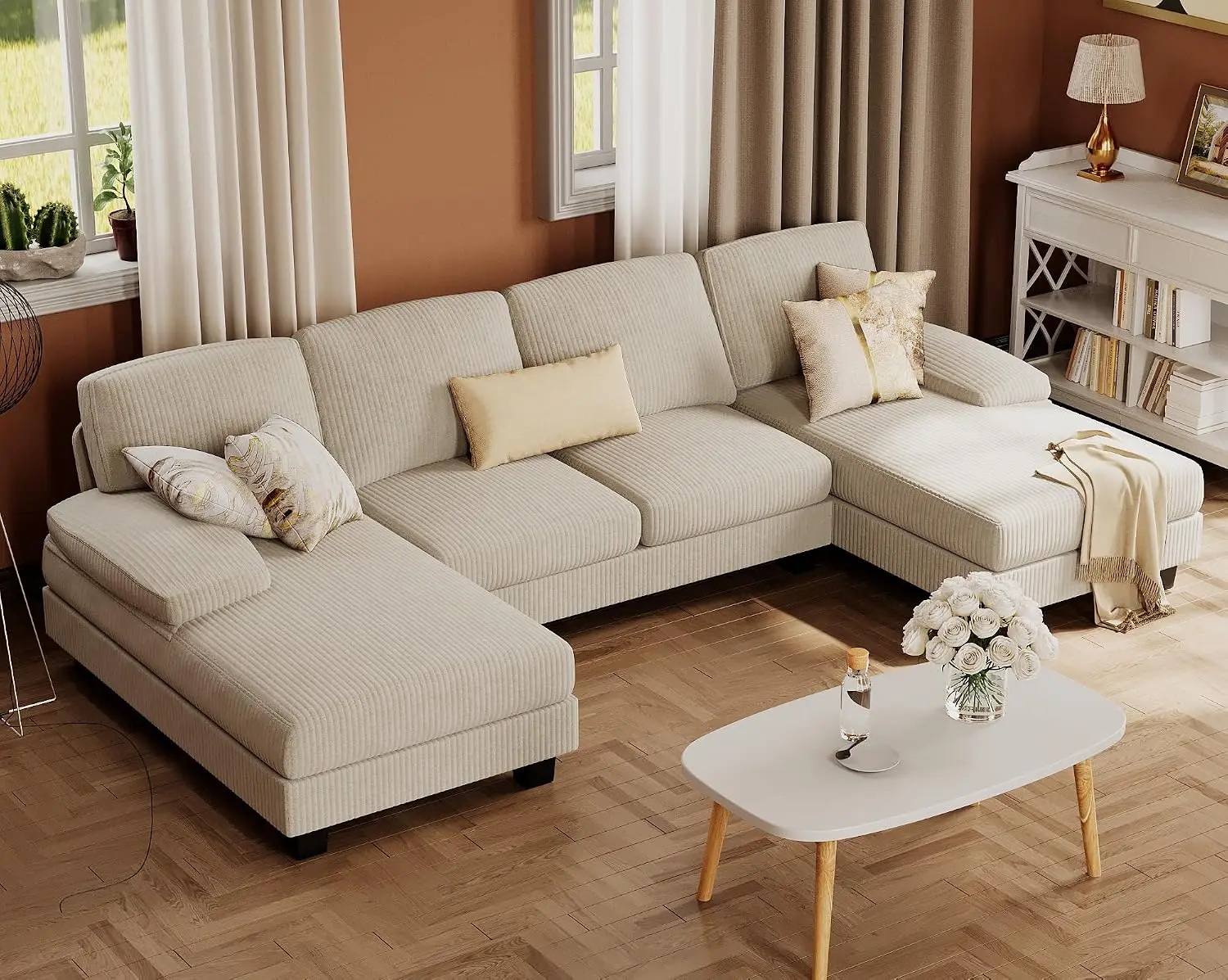 Sectional Couches for Living Room, Corduroy, Beige, Customized