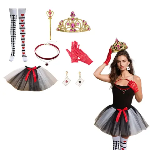 PESENAR Halloween Queen Costume Accessories for Woman Heart Skirt Gloves Crown Scepter Earrings High Socks Choker for Cosplay