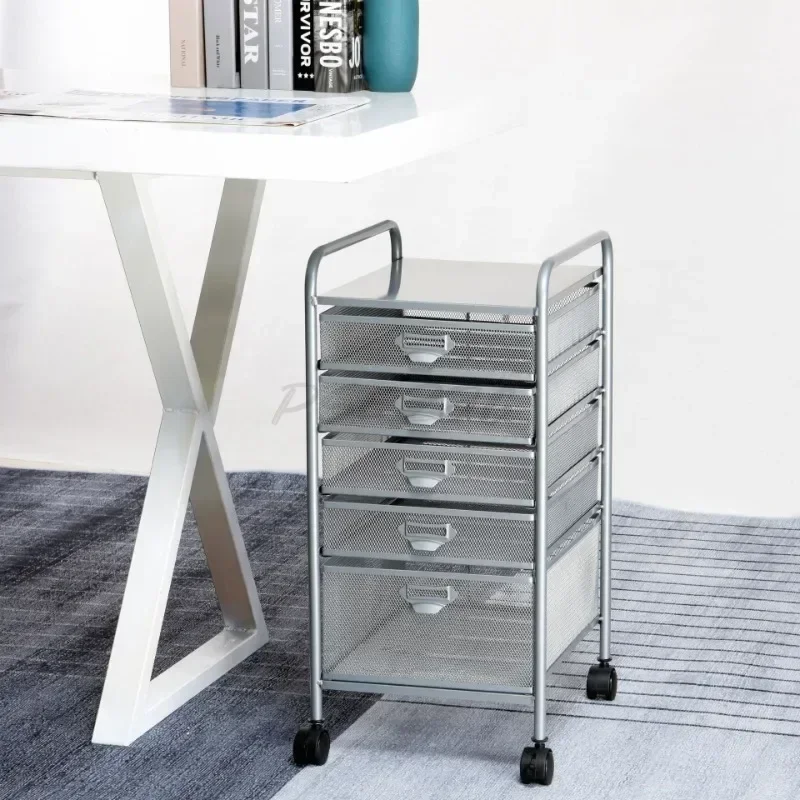 A4-5/6 Layer Wrought Iron Mobile Filing Cabinet Trolley Under Table Storage Rack Metal Mesh Filing Rack