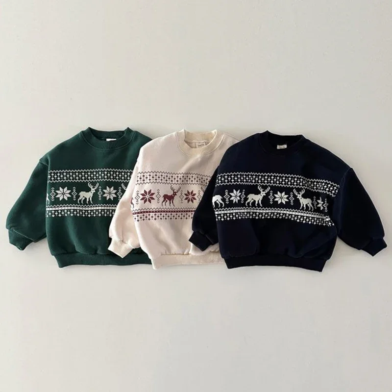 

Christmas Deer Snowfla Girls Sweatshirts Christmas Children Sweater Winter Warm Tops Boy Hoodies Baby Pullover Outerwear Clothes
