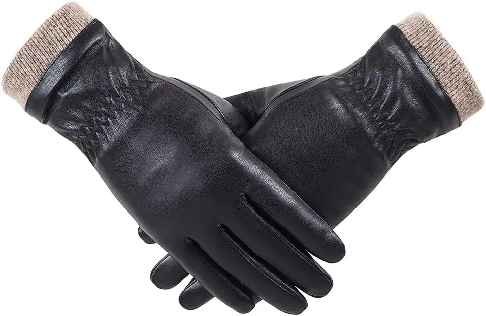 Winter Leather Gloves for Women, Wool Fleece Lined Warm Gloves, Touchscreen Texting Thick Thermal Snow Driving Gloves