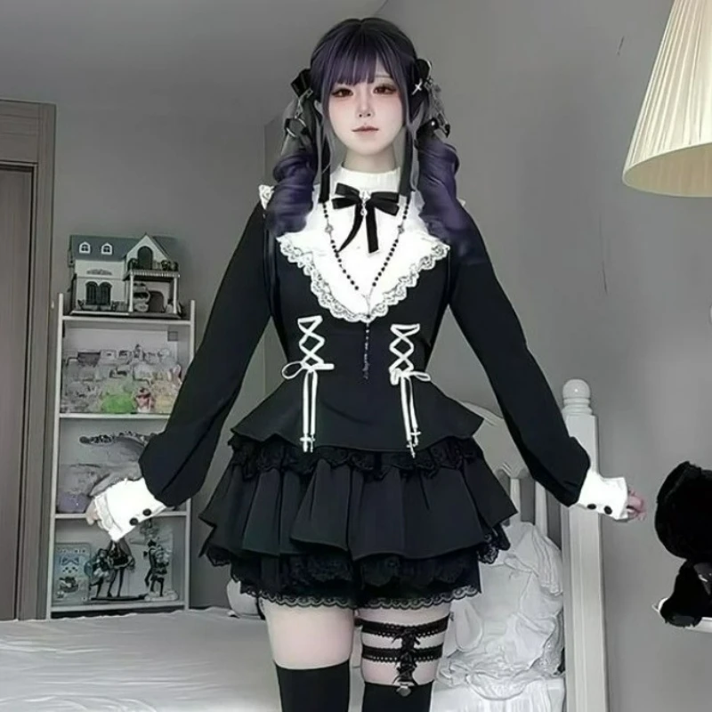 

Vintage Sweet Lolita 2 Piece Sets Women Japan Kawaii Lace Patchwork Rhinestone Bow Dress Black Mini Short Suit Girls Y2k Outfits