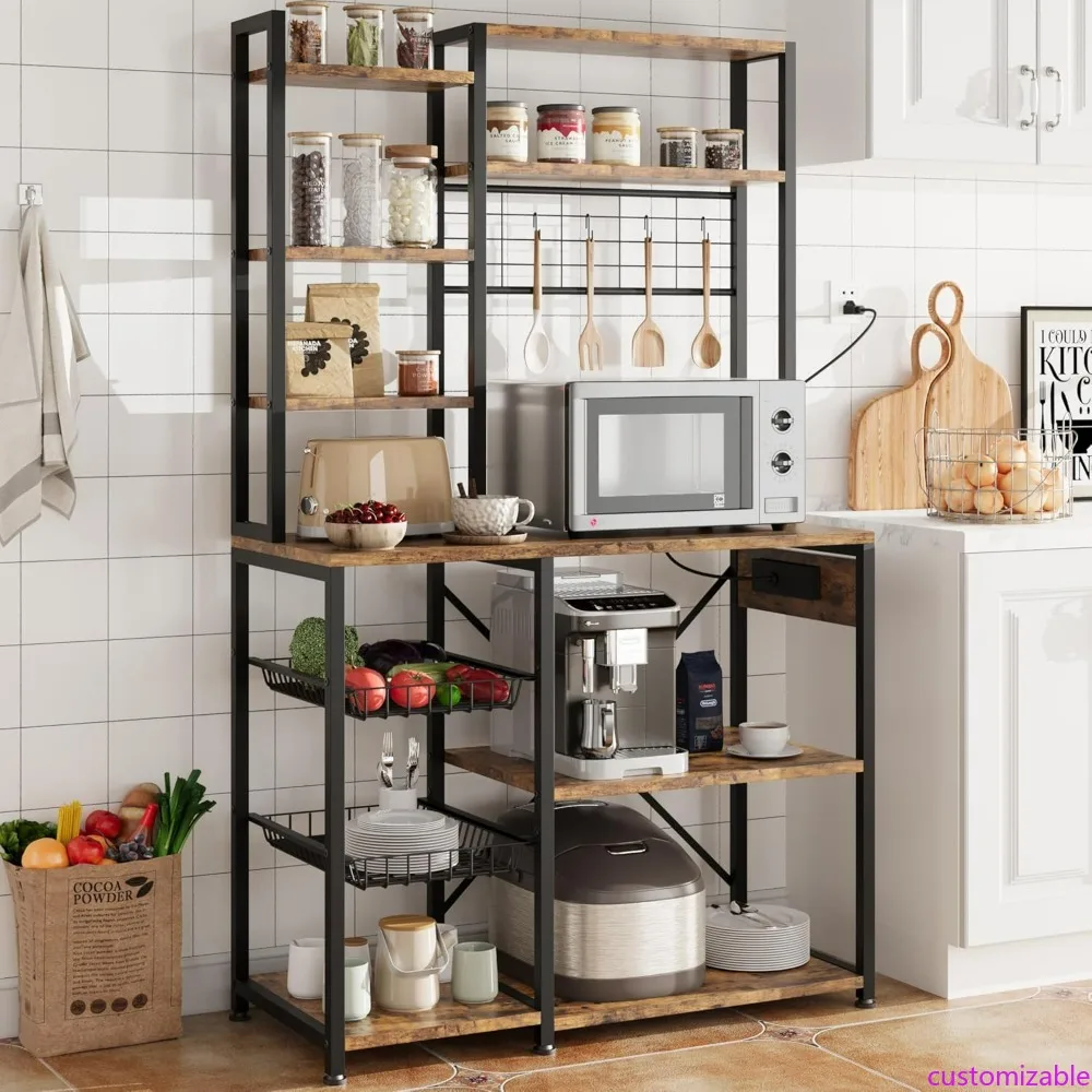 

Multi-tiered Kitchen Storage Unit with Power Outlet, Microwave Stand Featuring Wire Basket, Coffee Station with S-shaped Hooks,