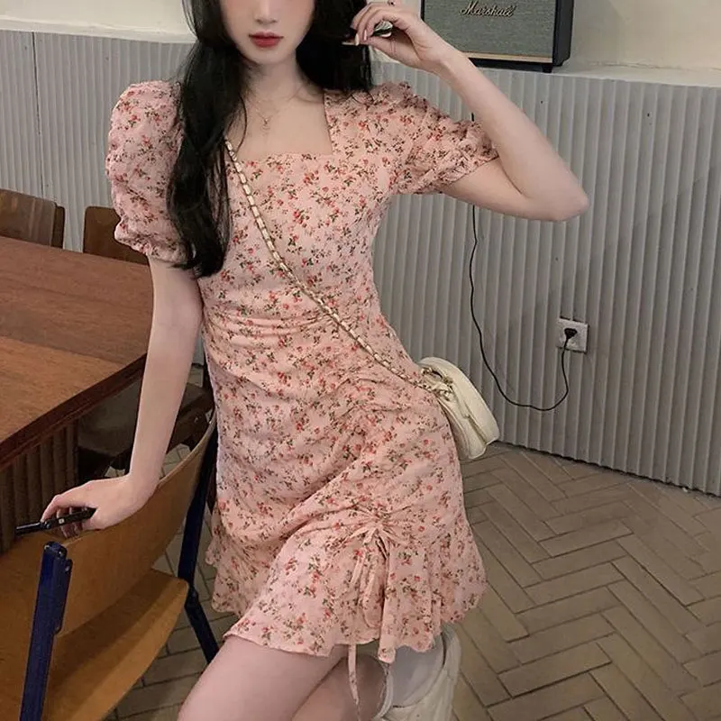 Korean Broken Flowers Midi Dress Sweet Printed Women\'s Clothing Fashion Shirring Drawstring Summer Elegant Square Collar Dresses