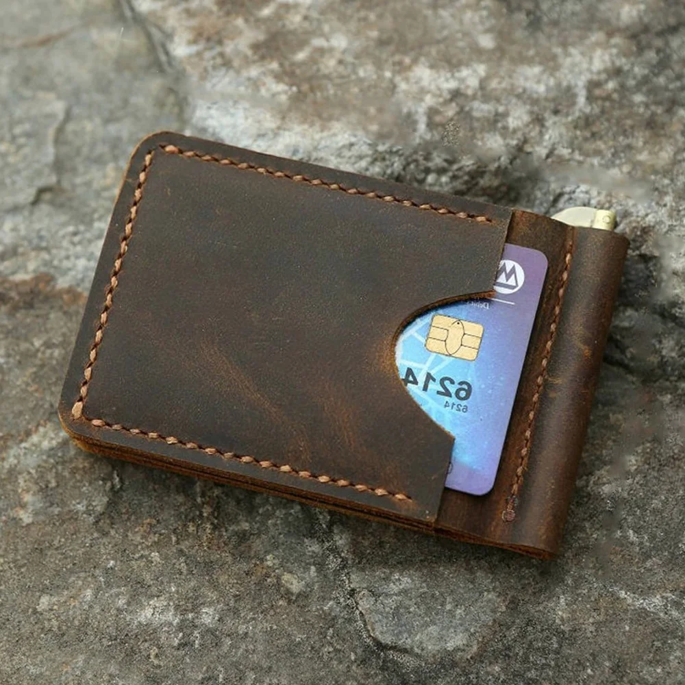 

Handmade Crazy Horse Leather Money Clip Wallet for Men, Slim Front Pocket Card Holder with Cash Clip (8x10.8cm)