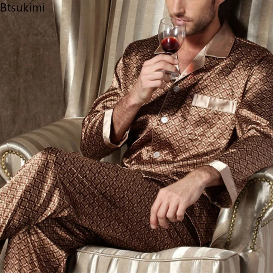 2026 High Quality Pajama Sets Men Spring Summer Thin Polyester Ice Silk Soft Sleepwear Sets for Men Casual Home Clothes Male New