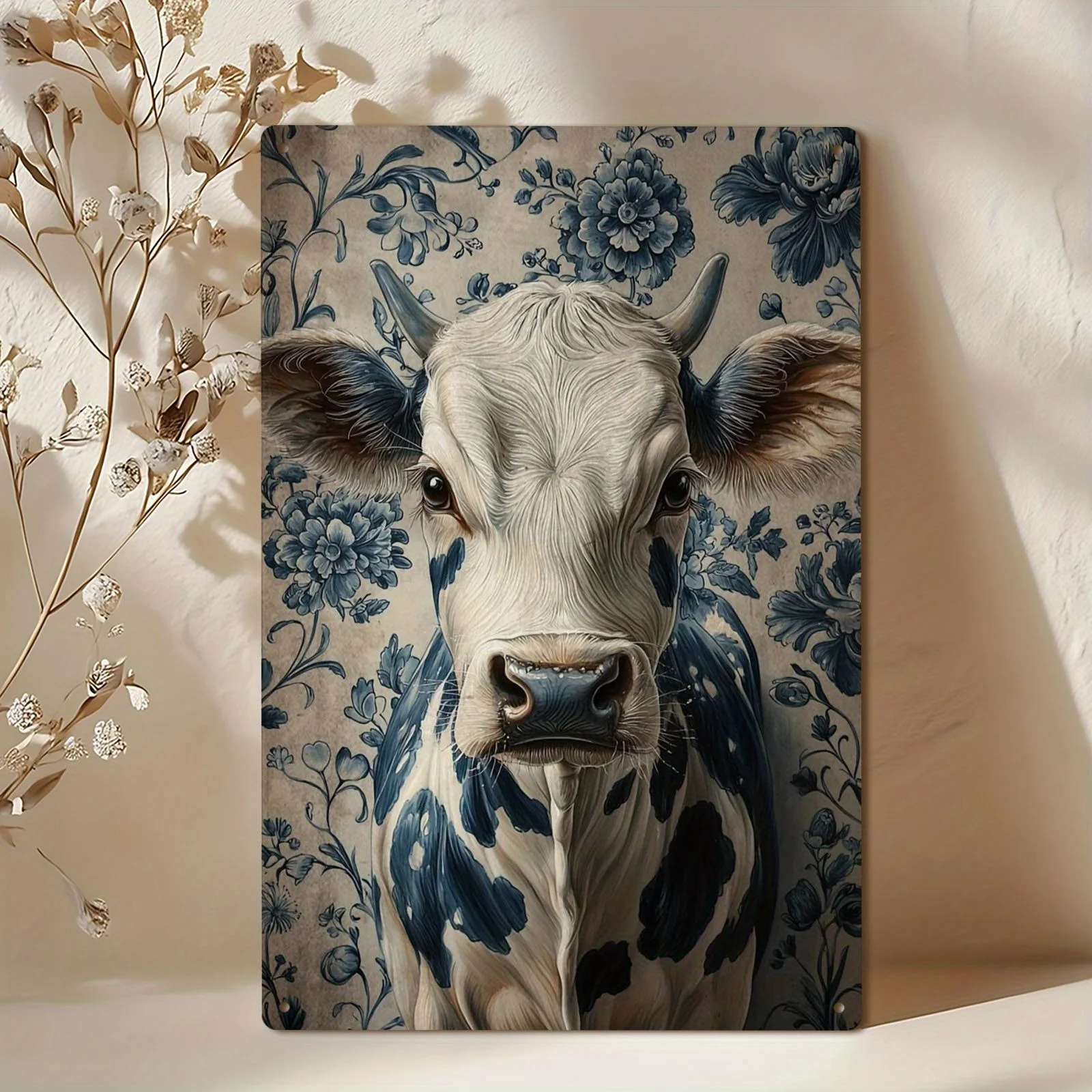 1pc Delft Blue Cow Metal Tin Sign - Vintage Farmhouse Decor with Blue & White Dalmatian Cow, Easy Hang Pre-Drilled Holes, 12x