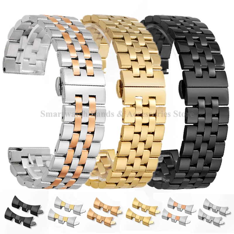 

18mm 19mm 20mm 21mm 22mm Stainless Steel Watch Strap Replacement Metal Wrist Band Curved End Men Women Solid Fold Clasp Bracelet