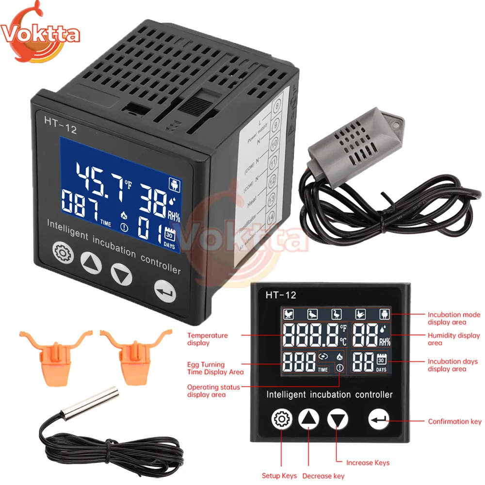 HT-12 Smart Egg Incubator Controller LCD Digital Display Thermostat Hygrostat Control with Temperature Humidity Sensor Probe