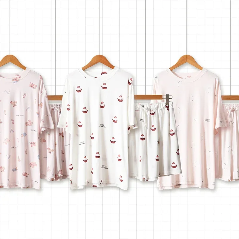 Kuzuwata Japanese Thin Modal Pajamas Women 2024 Spring Summer New Loose Short Sleeve Shorts Set Cute Little Bear Print Sleepwear