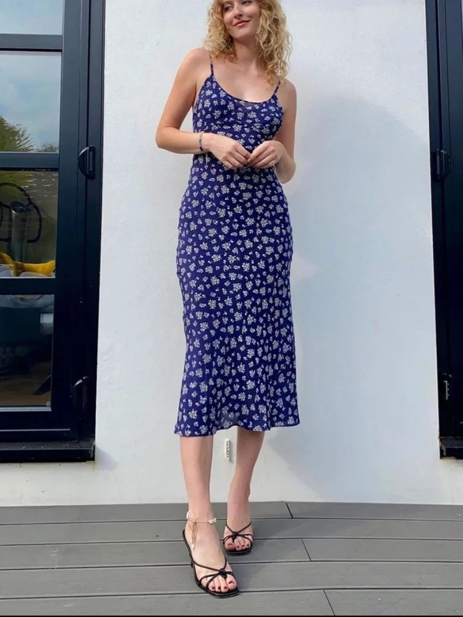 

Flower Print Women Silk Sling Robe V-Neck Sleeveless High Waist Holiday Maxi Dress