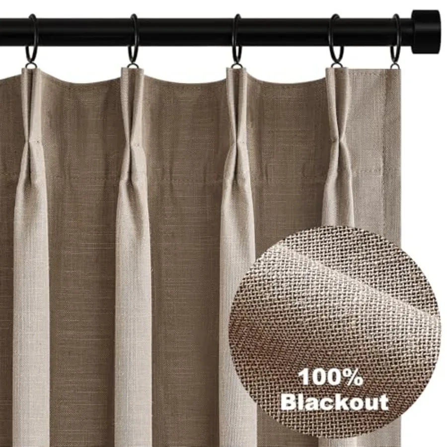 

Taupe Burlap Blackout Curtains and Drapes 84 Inch Length 2 Panels Set Pinch Pleated Flax Brown Tan Beige Soundproof Cabin Curta