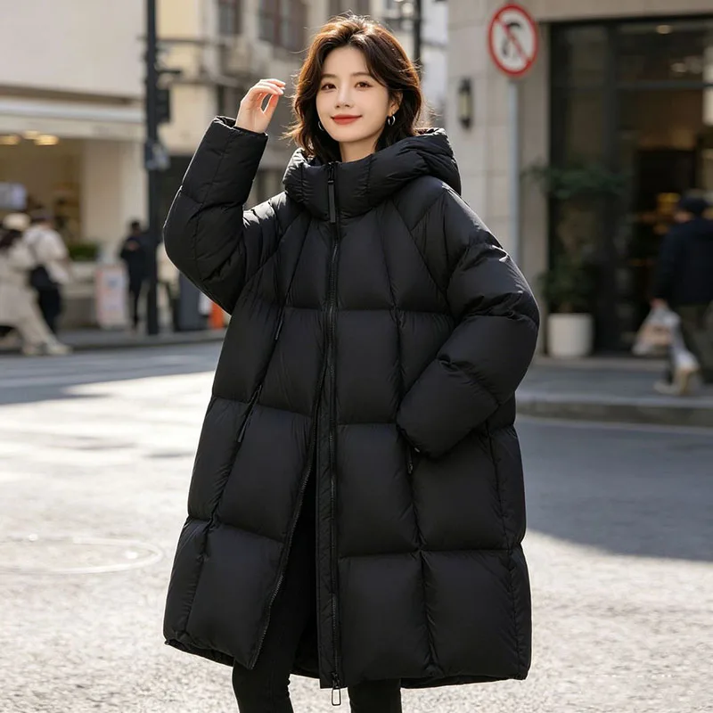 2026 Women Hooded Zip Up Loose Oversized Mid Length Warm Winter Down Jacket Outerwear Square Quilted Hooded Puffer Coat