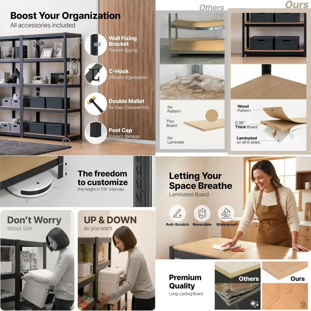 

Металлический стеллаж для гаража 24,4 фута (7,4 м) шириной, 5-ярусный, усиленный, с регулируемыми полками для кладовой, гардеробной и офиса, черный цвет