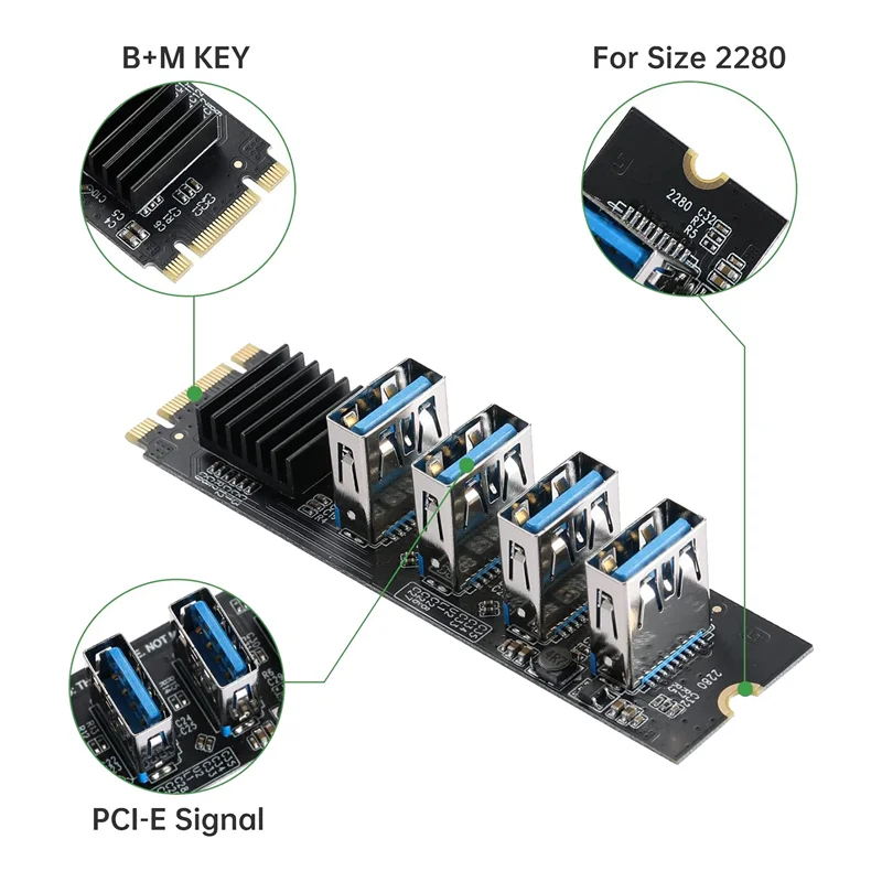 T88C M.2 NVME KEY-M do 4 portów PCI-E 1X USB 3.0 Riser Card, M.2 B-Key PCI-E Adapter Card for BTC Miner Mining