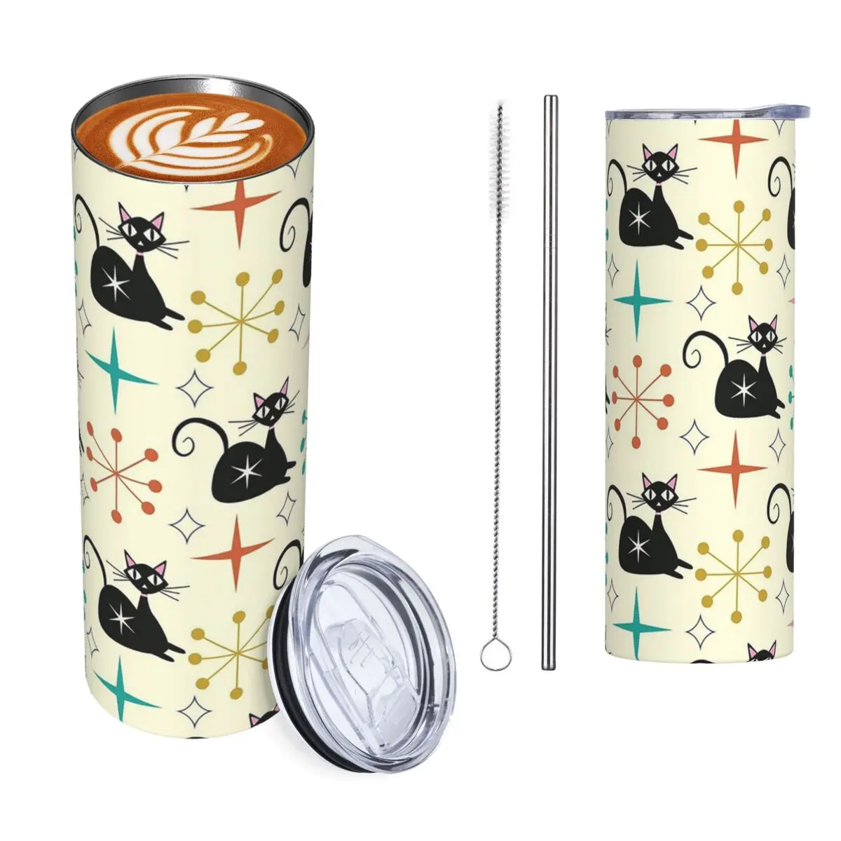 Mid Century Black Atomic Cat With Starbursts Stainless Steel Tumbler Vacuum Mug Thermal Cold Bottle Straw With Lid 20oz
