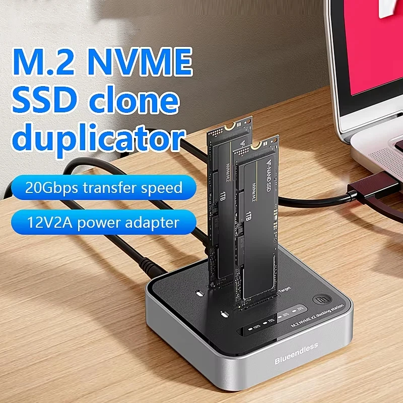 

Dual-Bay M.2 NVME SSD Clone M.2 NVme SSD Reader 20Gbps USB3.2 Type C OFFline Clone Duplicator NVme PCIE Enclosure
