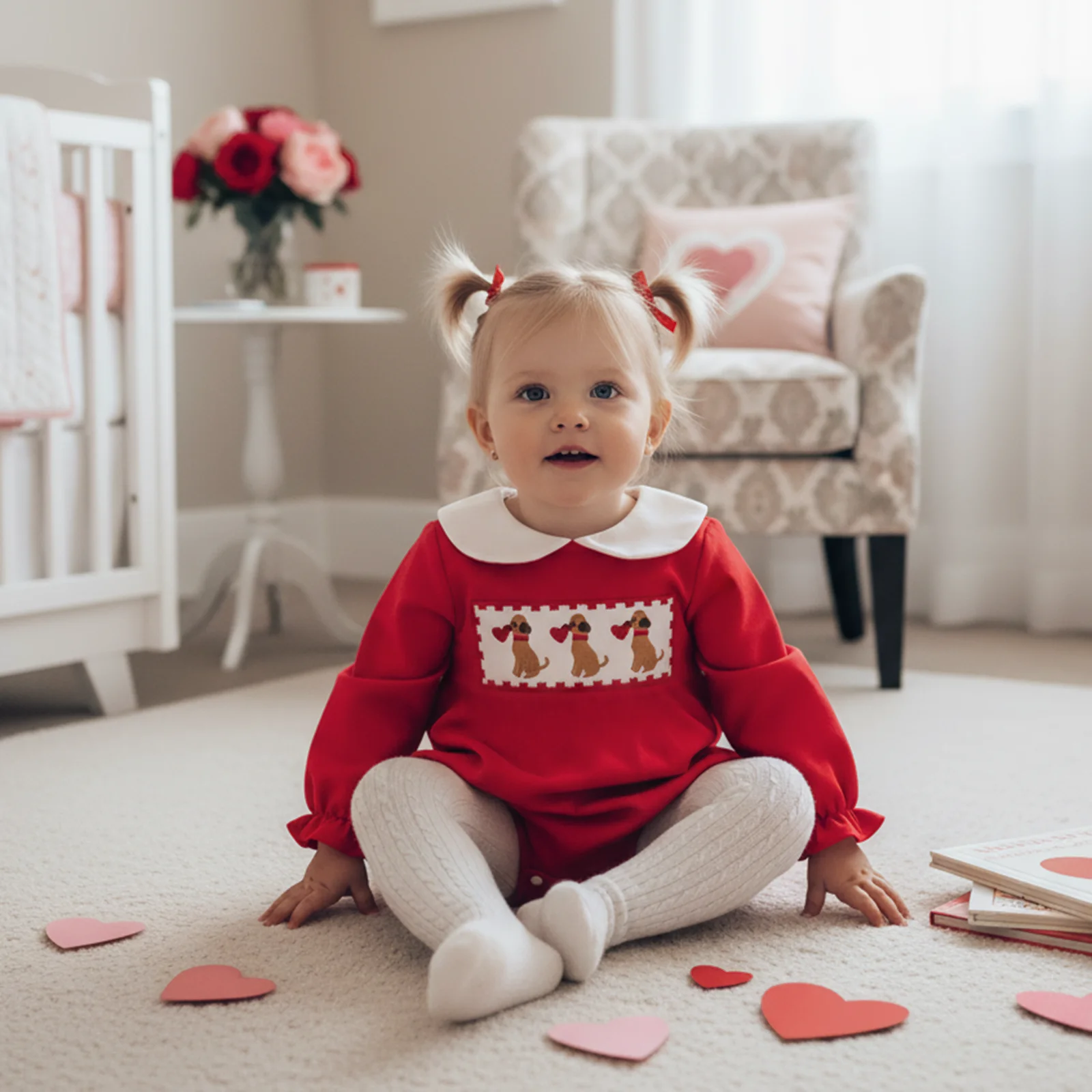 

Blotona для маленьких девочек, комбинезон на День святого Валентина, кукольный воротник с длинными рукавами, милый комбинезон с вышивкой собаки