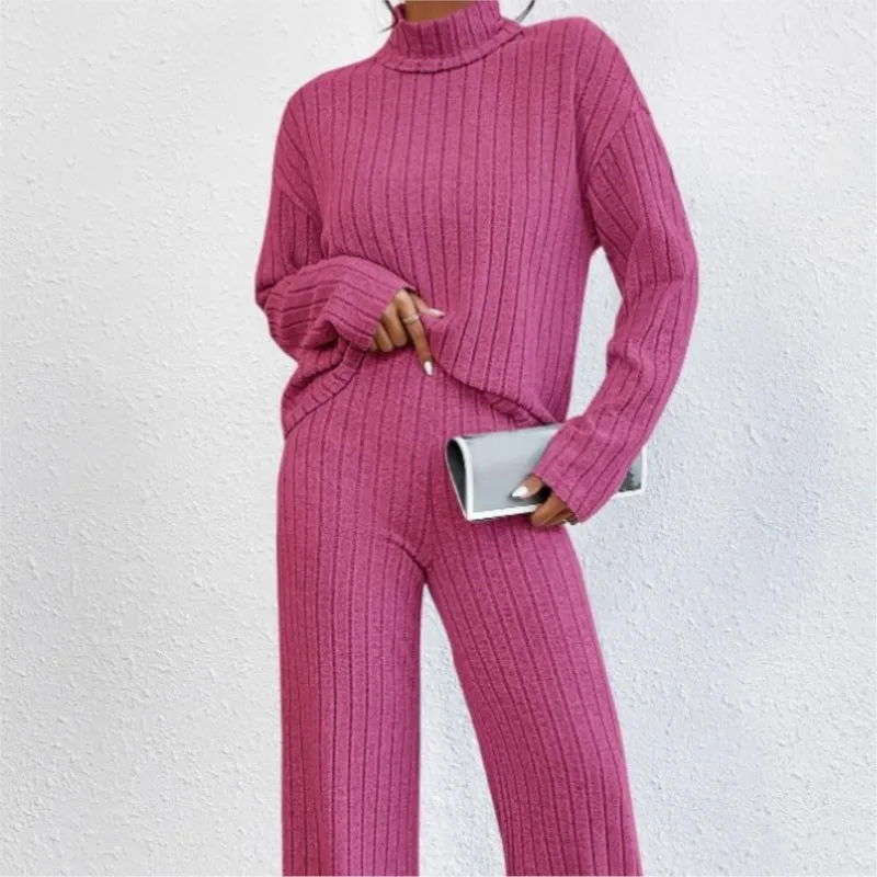 

Winter New Solid Color Knitted Long Sleeve Women Pants Suit Simple Slim Female Home Wear Half High Neck Knitted Pullover 2 Piece