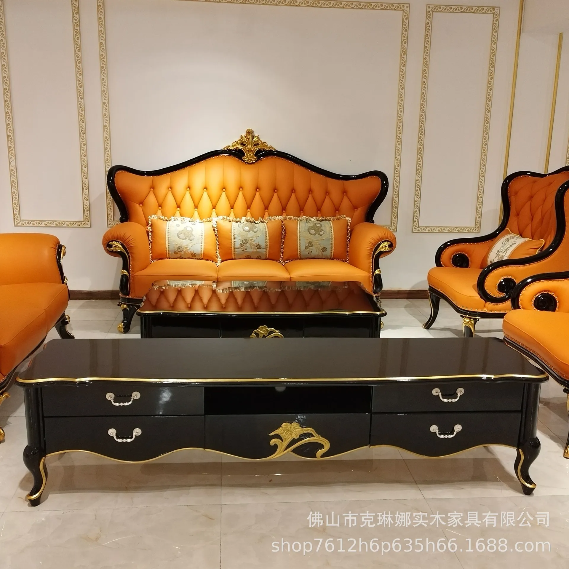 123 combination leather sofa, high-end villa luxury large apartment living room solid wood carving flower sofa