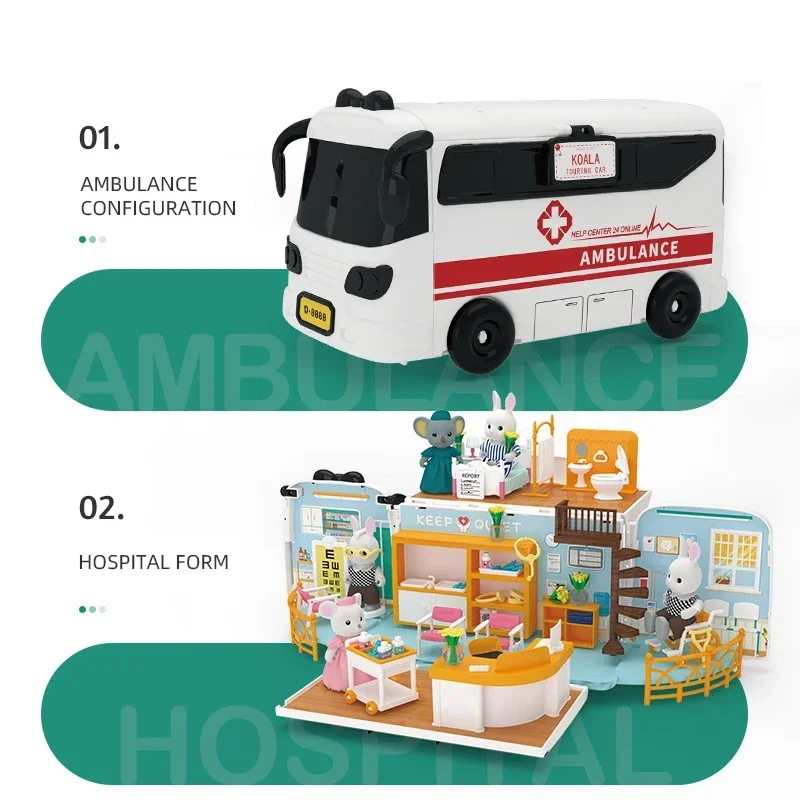 Juego de casa de muñecas de autobús Koala, accesorios de escena de Hospital, juguetes de simulación en miniatura de ambulancia Diy para niñas