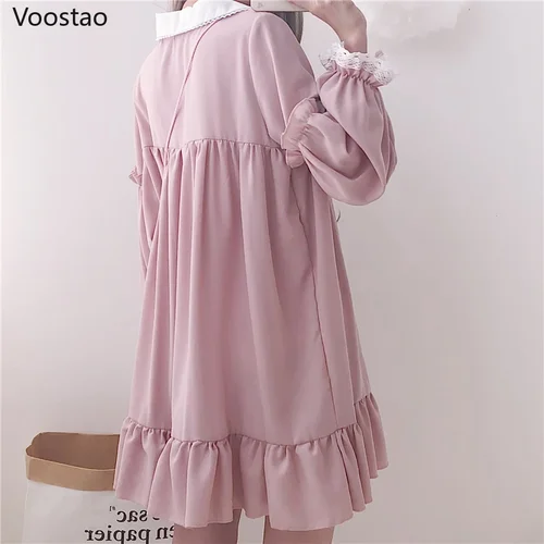 Imagen 2 del producto Vestido de verano de Lolita para mujer, minivestido de fiesta Kawaii de encaje con volantes, rosa, Harajuku, dulce, suelto