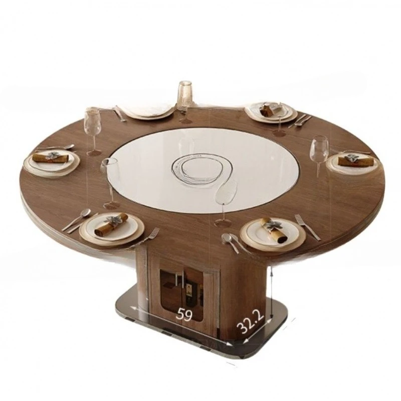 Medieval solid wood dining table Household multi-functional, rotating turntable Round ash wood dining table and chairs