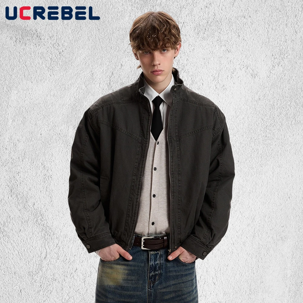 

Retro Spliced Stand Collar Quilted Jacket Mens Solid Color High Street Long Sleeve Loose Padded Jacket Man