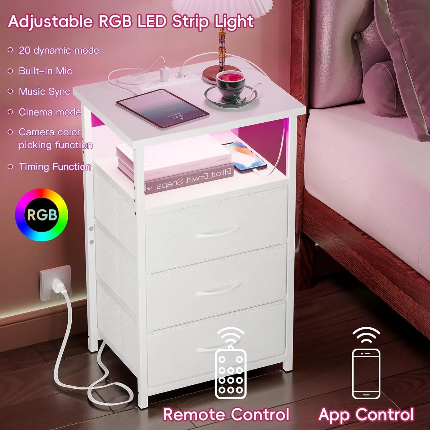 Modern Smart LED Nightstand Bedside Table with USB Charging Station Power Outlets 4 Fabric Storage Drawers PU Leather Finish Black Bedroom Furniture Cabinet