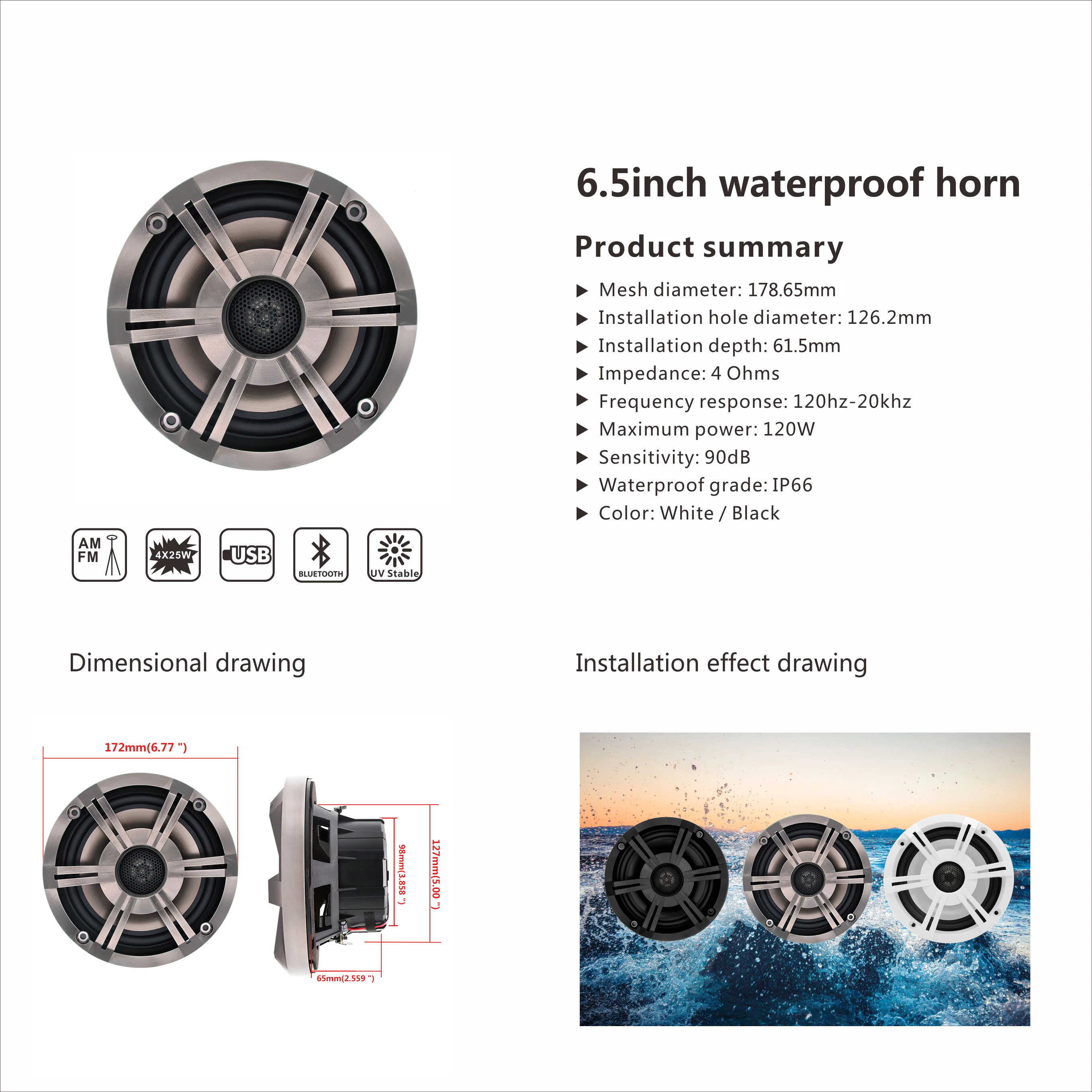 GUZARE MARINE Speakers H065Q,6.5-Inch,120Watts*2 Way,2PCs Dark Golden,IP66 Wateproof,for Yacht Bathroom ATV Golf Cart Boats