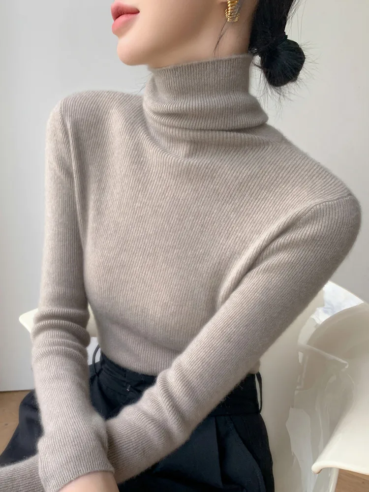 Jersey de punto de manga larga para mujer, suéter ajustado informal liso, jersey cálido con cuello alto para otoño e invierno, Top de capa Base Simple 2025