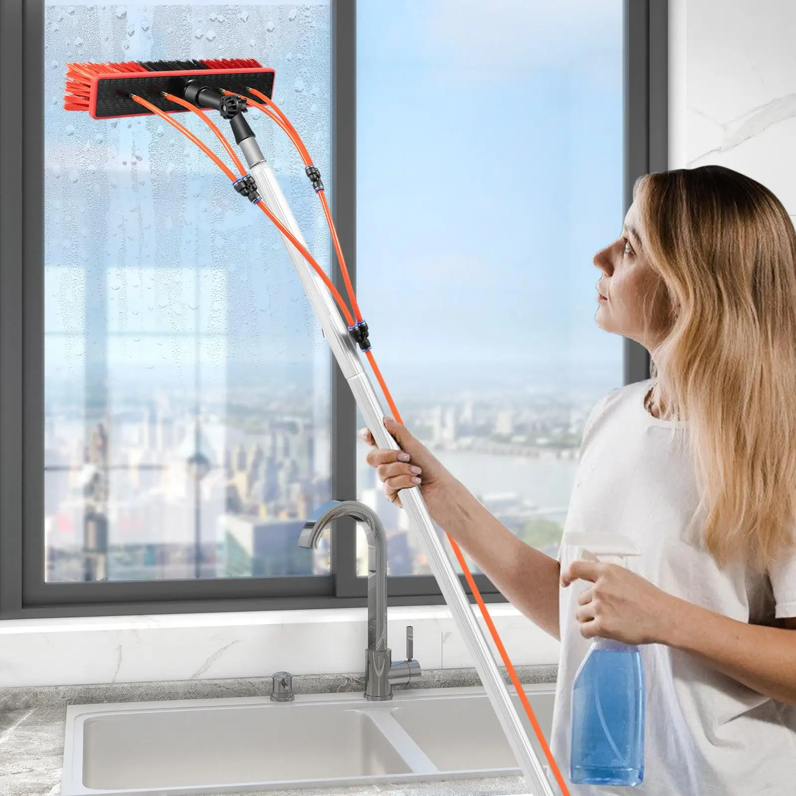 

7.4m/24.3ft Solar Panel Cleaning Brush 3-in-1 Water Fed Pole Cleaning Brush Tool with 4 Water Outlets for Window Glass Roof