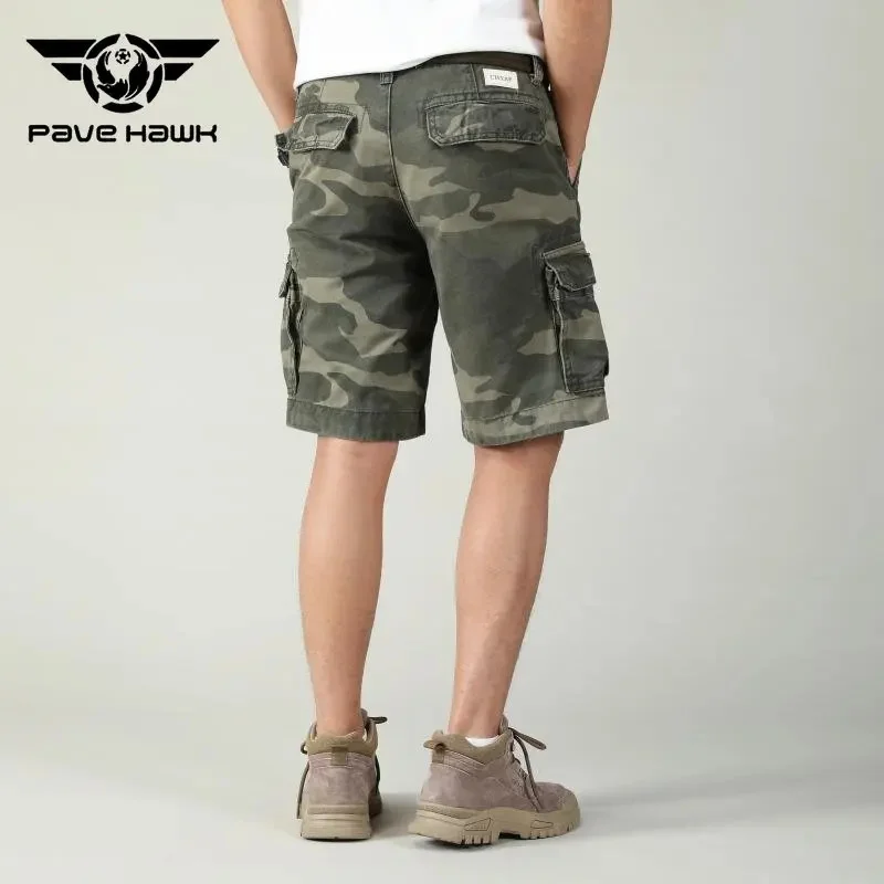 Bermuda de algodão camuflada masculina, calça reta de bolso múltiplo, tática com cinto, escalada, camping, caça, verão