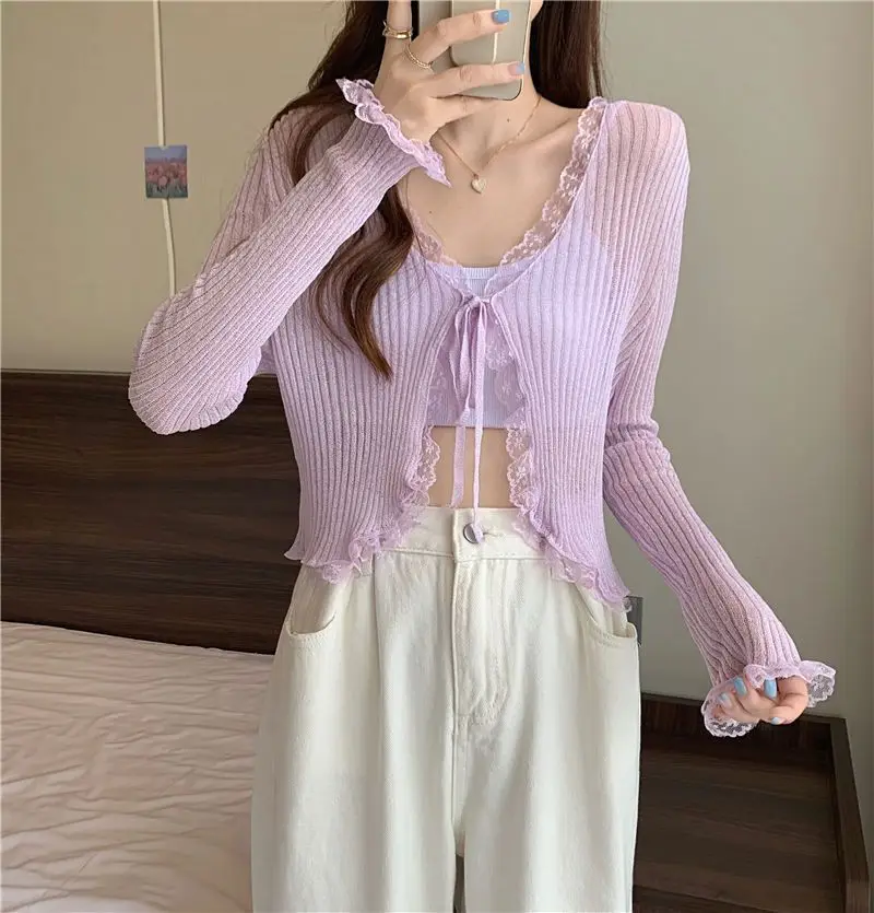 Tie Thin Short Knitted Cardigan Women Summer Korean Lace Edge Casual Long Sleeve Solid Color Sun Shirt Tops 4 Colors