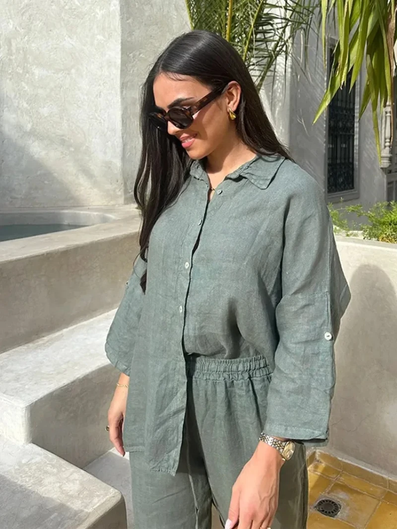 

Cotton Linen Oversize Two Piece Ladies Set Casual Lapel Female Shirt Suits Wide Leg Pant Spring New In Matching Women Outfits