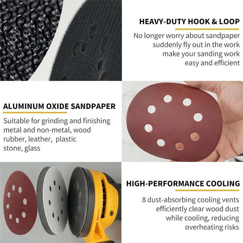 

A84X-5" 8 Hole Hook And Loop Replacement Orbital Pad For DWE6423 6423K DWE6421 With 4 PCS Foam & 36 PCS Sanding Sanding D