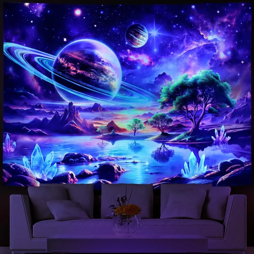 Blacklight Galaxy Space Tapestry UV Reactive Planet Wall Hanging Magical Trees Tapestries Cosmic Mountain Landscape Wall Decor