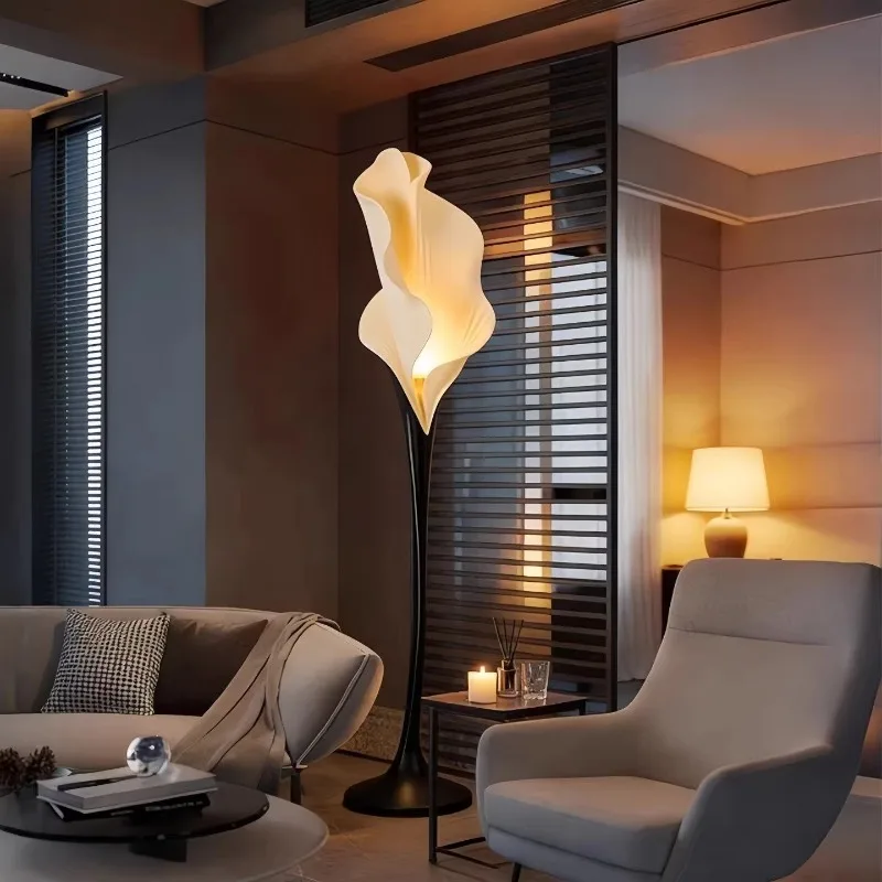 Calla Lily Shaped Floor Standing Decor Ornament Solid Metal Frame Fabric Lampshade Curved Slim Pole Home & Retail Space Display
