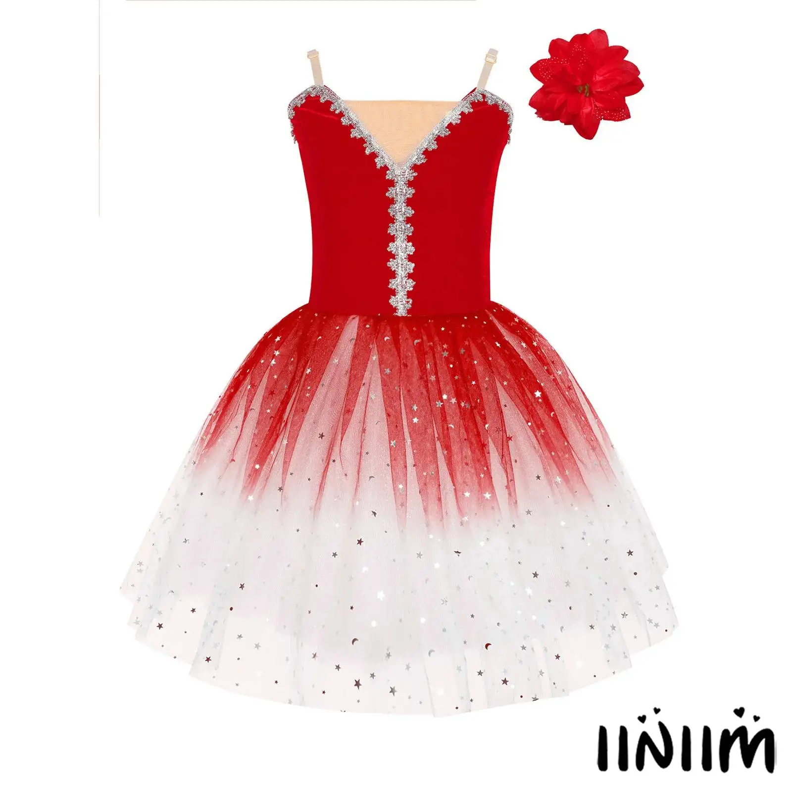 

Elegant Velvet Tulle Dance Costume Set for Kids Girls Adjustable Straps Sequined Tutu Dress with Headwear for Ballet Dance Party